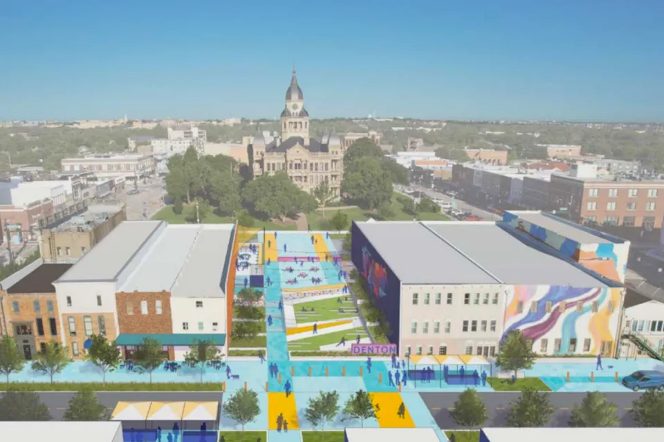Rendering of redeveloped public square in Denton, Texas with new pedestrian and public infrastructure and historic courthouse in background.